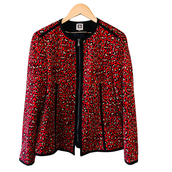 Anne Klein Leopard Print Full Zip Blazer Jacket Red Black Size 12 - Picture 8 of 12